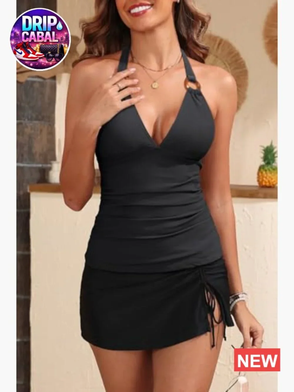 Halter Tankini Top with Skirt Bottom Tummy Control 2 Piece Swimsuit